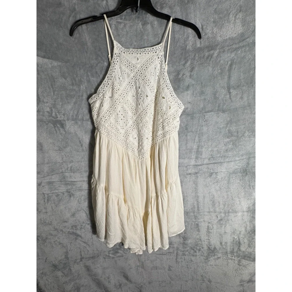 American Eagle Cream Eyelet Lace Boho Tiered Mini Dress XS Ivory Halter Festival